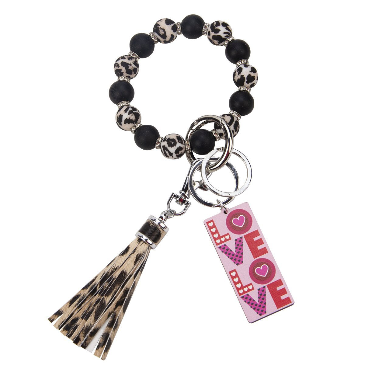 Wholesale Valentine's Day LOVE Colorful Love Wood Silicone Beaded Wrist Keychain